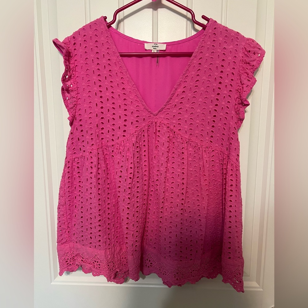 Entro Pink Eyelet Ruffle Sleeve Top Size Large